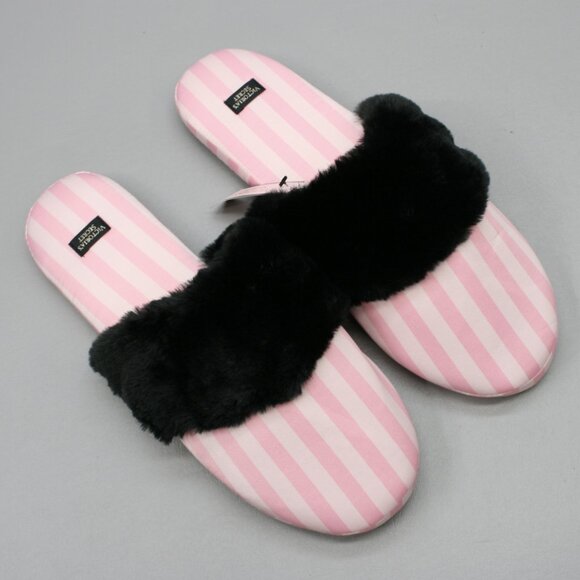 Victoria's Secret Ladies 9-10 L Pink Stripe Faux-Fur Satin House Shoes Slippers - Picture 7 of 10